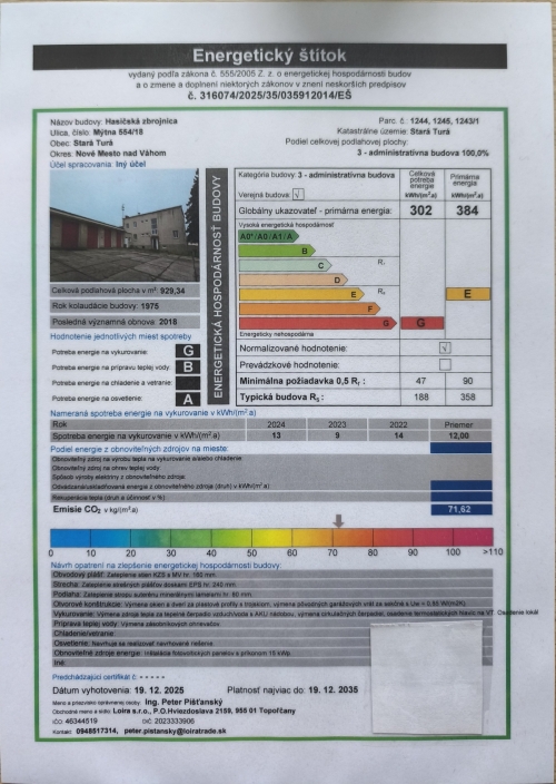 Refundácia nákladov za obstaranie energetického certifikátu a pasportu obnovy verejnej budovy - Hasičská zbrojnica